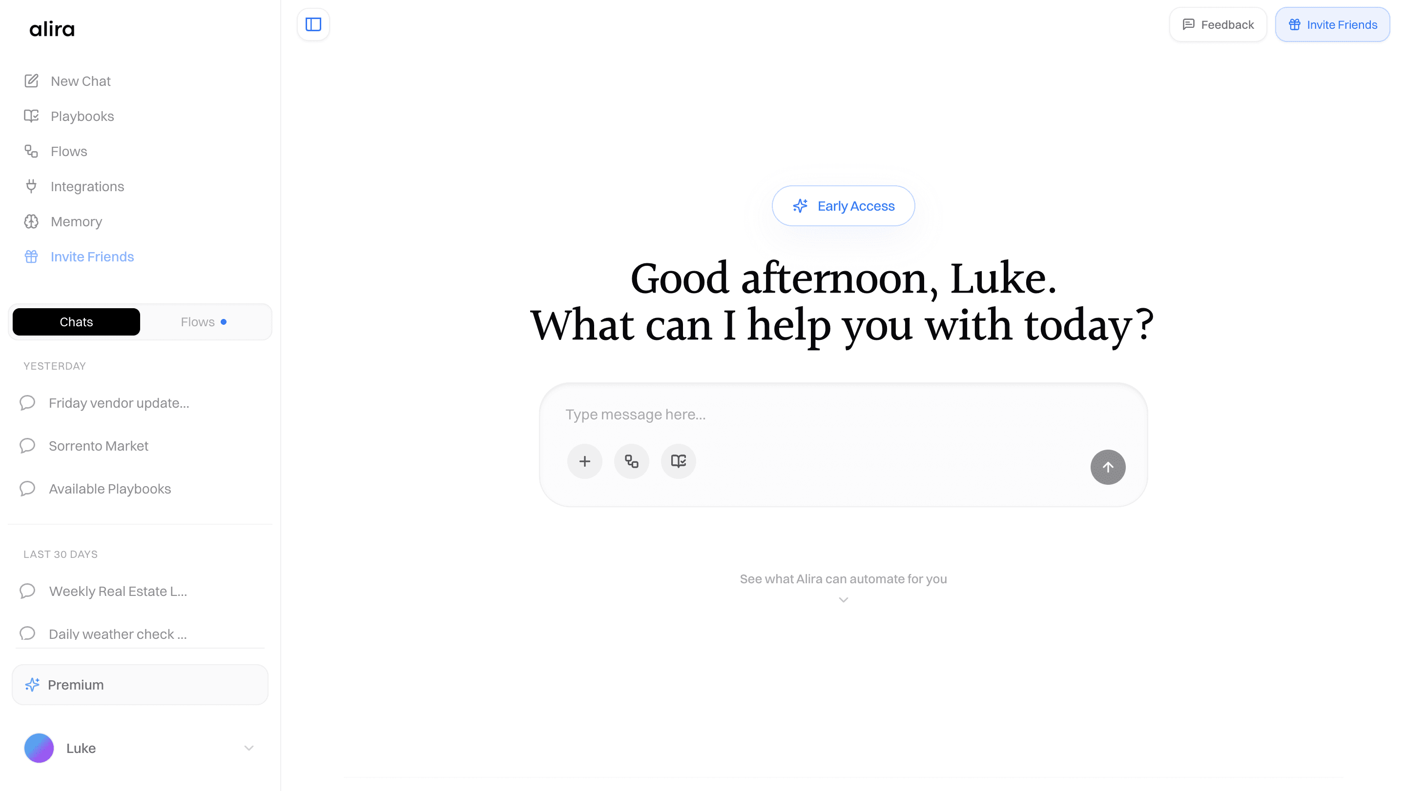 Alira desktop app, chat home with flows and playbooks in the sidebar